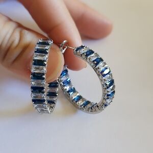 New 925 Silver Double-sided Blue Sapphire Diamond Large Hoop Earrings for Women